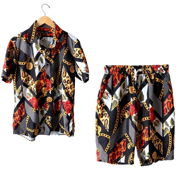Suslo Couture NY Men's 2 Piece Chain Print Shirt & Shorts Beach Outfit Set XL - Picture 1 of 10